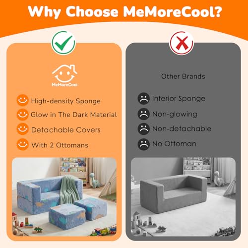MeMoreCool Glow Modular Kids Couch, Dinosaur | modular foam seating, removable washable cover, dinosaur glow design, lightweight pieces, playroom furniture - color: Denim Dinosaur
