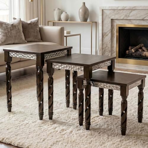 Hyfirm Nesting Tables Set of 3, Walnut Mid Century Modern Accent Tables with Spiral Rubber Wood Legs & Silver Honeycomb Apron, Retro Stackable Side Tables for Living Room, Bedroom & Small Apartments - color: Walnut Top+silver Apron