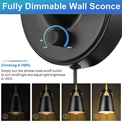 TRLIFE Wall Sconces Plug in, Dimmable Wall Lights with Plug in Cord Adjustable Lighting Angle Wall Mounted Light with On/Off Rotary Switch for Bedside, Bedroom, Over Mirror(2 Pack, 2 Bulbs Included) - color: Black