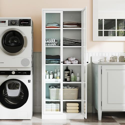 AQY Kitchen Pantry Cabinet,73" Tall Pantry Storage Cabinet with Doors and Adjustable Shelves, Metal Food Pantry Cabinets with Handle, Freestanding Cupboard for Living Room-Assemble Required - color: White, style: H72" - 2 Glass Doors Hooks & Vents