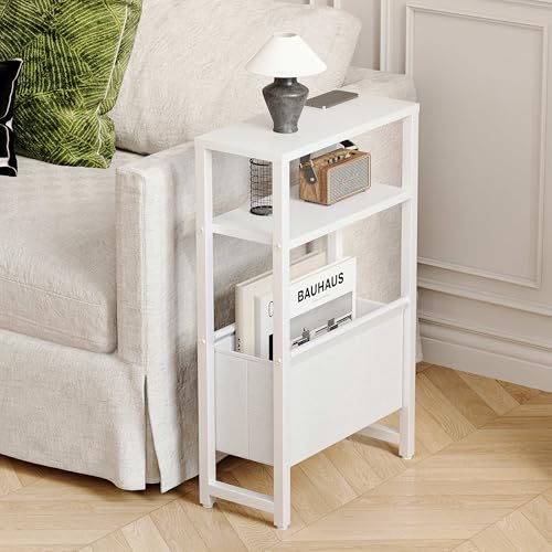 Narrow Side Table, Slim End Table with Magazine Rack, Skinny Bedside Table for Small Spaces, 3 Tier Sofa Couch Table Nightstand for Living Room, Bedroom, White LET503W - color: White, style: No Charging Station