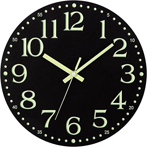 Wall Clock Glow in the Dark Clocks Battery Operated Silent 12 Inch | Black Wood Wall Clock Non-Ticking Analog Luminous Clock for Living Room Bedroom Office Kitchen Classroom Bathroom - color: Luminous -Black