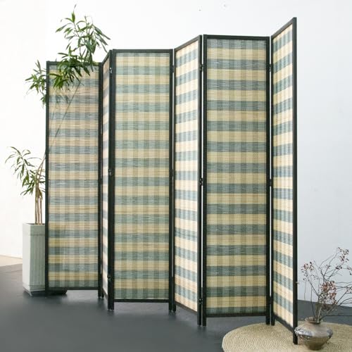 6 Panel Bamboo Room Divider, Blue Stripe Folding Privacy Screen | 5.6 ft Folding Divider, Divider for Room Separation, Freestanding Room Partition Screen, Double-Sided Panel Divider Screen - color: Blue Stripe, size: 6 Panel