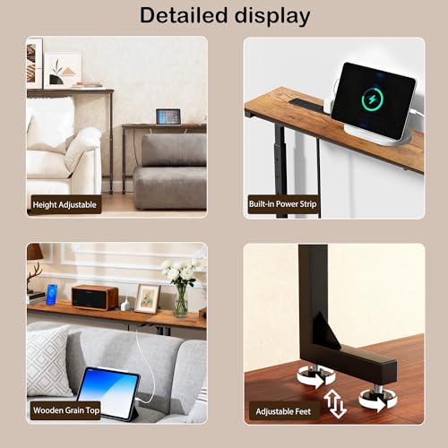 Adjustable Height Narrow Sofa Table with Built-in Power Outlets, 78" Long Console Table Behind Couch Table with Charging Station Skinny Entryway Table for Living Room & Hallway (Rustic Brown) - color: Rustic Brown, size: 78IN