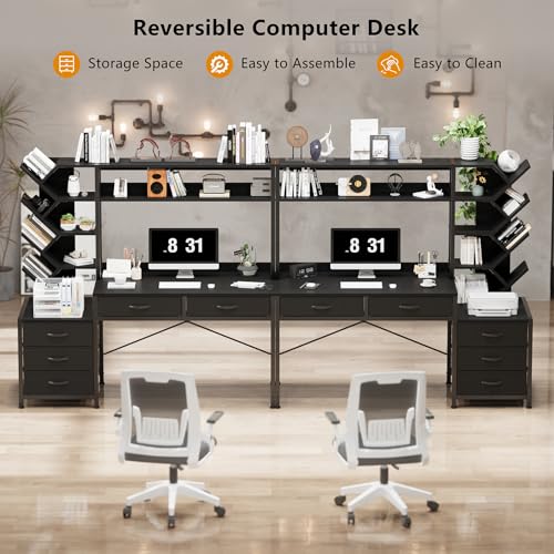 52" Computer Desk with Bookshelf, 5 Drawers & Hutch for Bedroom | Black Office Desk with Printer Shelf, Study Writing Desk with Storage Shelves - color: Black