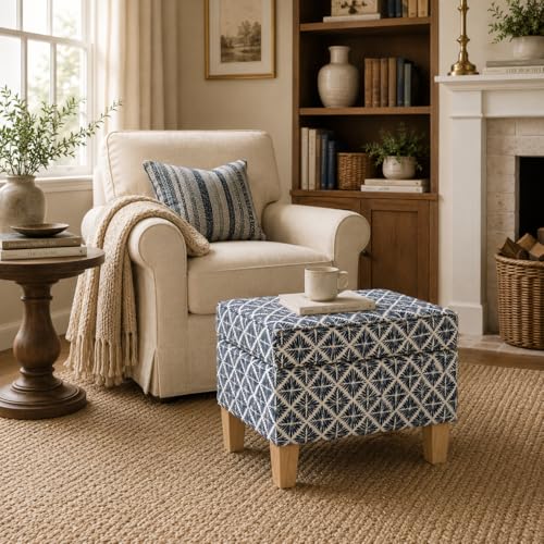 HomePop 22" Modern Rectangular Storage Ottoman - Blue Geometric Pattern - color: Blue Geometric Pattern