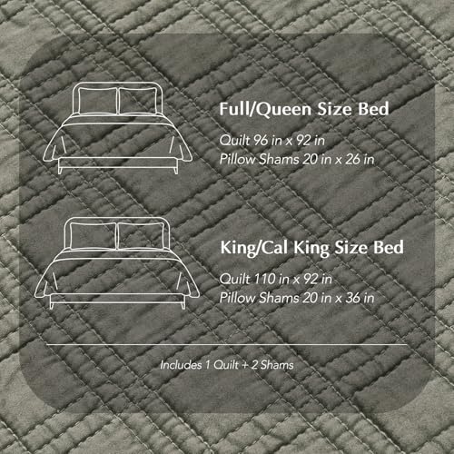 EVERGRACEHOME Cotton Sateen Windowpane Quilt Set King Size, Stone Sage | 100% Cotton, Pre-Washed Soft Coverlet Bedspread, 3-Piece Lightweight Bedding Set for All Season, with 2 Pillow Shams - color: Stone Sage (Grayish Green) - Windowpane, size: King (110