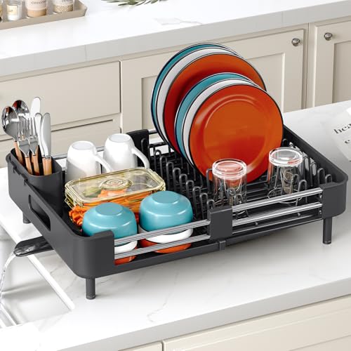 TOOLF Expandable Dish Drying Rack with Cutlery Holder, Standard, Black | Stainless Steel &PP, Extenable 12.6"-18.7"D, Anti-Rust, Auto-Drainage, Space-Saving, Fit for RV, Apartment Sink Countertop - color: Black