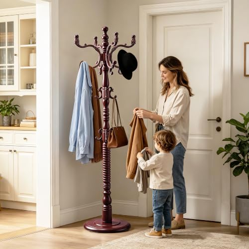 Heavy Duty Coat Rack Stand Freestanding Coat Tree for Small Space,mahogany | Birch Wood Main Pole,Multifunctional,14 Hooks and 1 Round Base,for Hallway,Bedrooms,3 Height Adjustable(48.8-72.3") - color: Mahogany