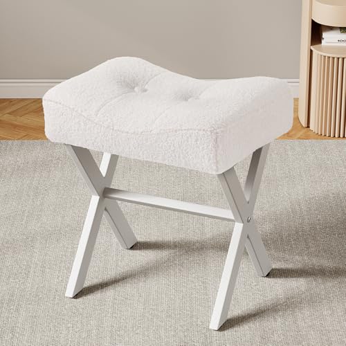 18-Inch Vanity Stool Chair, White Padded Saddle Makeup Stool | Teddy Flannel Vanity Bench, Metal X-Leg, 300 LBS, 16.3"x12.4"x18", Ottoman Accent Stool, Breathable Soft Saddle Seat - size: Small, style: White Fabric