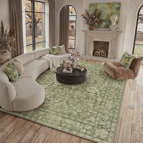 8x10 Green Neutral Large Area Rug | Washable, Non Slip, Low Pile, Soft, Vintage, Distressed, Floral, Farmhouse, for Living room Bedroom Dining Room Office - color: Green, size: 8' x 10' (Rectangular)