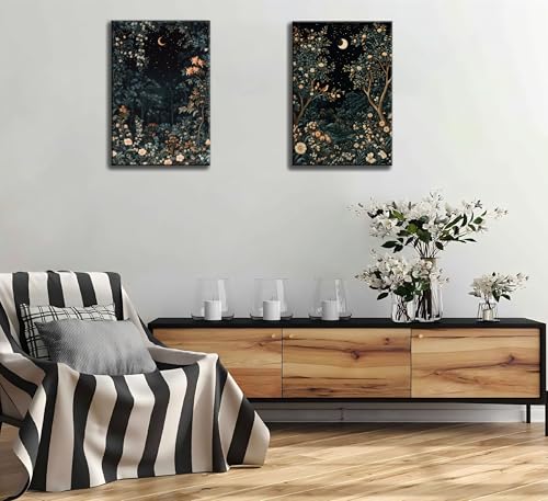 2Pcs Framed Botanical Moon Canvas Wall Art 16x24 Inch Bedroom Decor | Vintage night garden painting prints and picture posters, ready to hang for living room, bedroom, bathroom and foyer. - color: YUELIANGHUAHUI, size: 24"L x 16"W