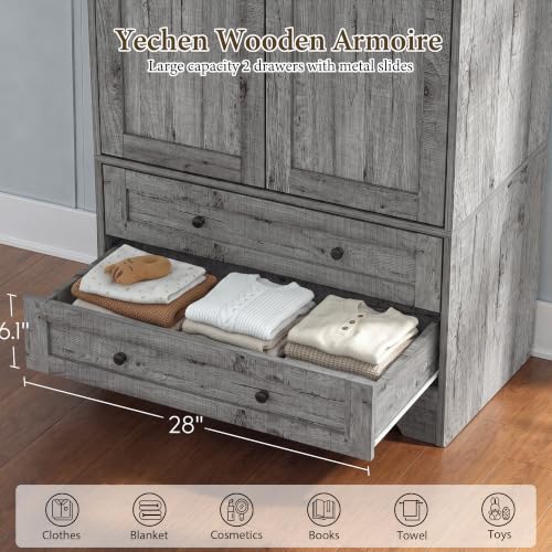 71" Wooden Armoire Wardrobe Closet Set of 2, 4 Doors & 4 Drawers | Modern Tall Storage Cabinet with 2 Adjustable Shelves and Hanging Rail, Sturdy Freestanding, Wide Drawers, For Bedroom - color: Grey, size: 71" - 4 DOORS
