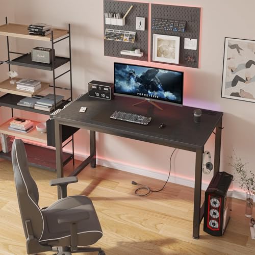 Lufeiya Gaming Desk with Power Outlet, 47 inch Teen Study Table Home Office Work Writing Computer Desks with Charging Station Outlets Built in, Black - color: Black, size: 47.2"