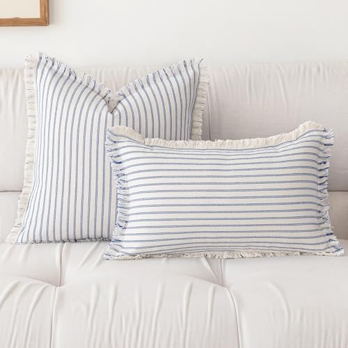 YEENAASY Throw Pillow Covers 22x22 Boho Striped Pillow Cases with Tassel | Set of 2 Fringe Pillow Cover Farmhouse Cushion Covers Neutral Pillows Decorative Square Pillowcase for Couch Sofa Bed, Blue - color: Blue, size: 22" x 22" (Pack of 2)