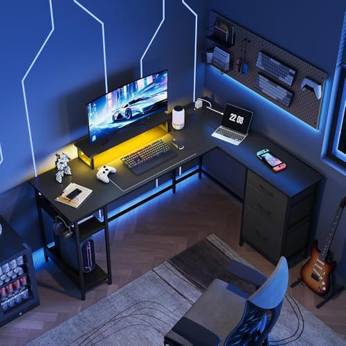 DEVAISE 60 Inch L Shaped Gaming Desk with Drawers and Storage, Corner Desk with LED Lights, Power Outlets, Computer Desk with Monitor Stand, Office Desk for Home, Black - color: Black, size: 60 Inch with Drawers