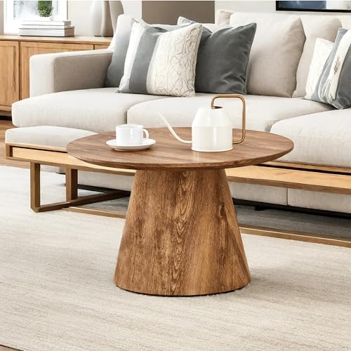Wood Coffee Table, 23.6" Small Coffee Table, Natural Wood Grain Round Tabletop with Wooden Cone Base, Round Living Room Table with Adjustable Feet, Mid Century Center Table for Apartment,Small Space - color: 23.6" Wood Coffee Table