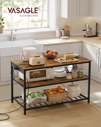 VASAGLE Kitchen Island with 3 Shelves, Storage Cabinet, Steel Structure | Kitchen Shelf with Large Wooden Worktop, 47.2 Inches Width, Rustic Brown and Matte Black, BARNET Collection UKKI101K01 - color: Rustic Brown + Black, size: 47.2"W x 34.9"H, style: w