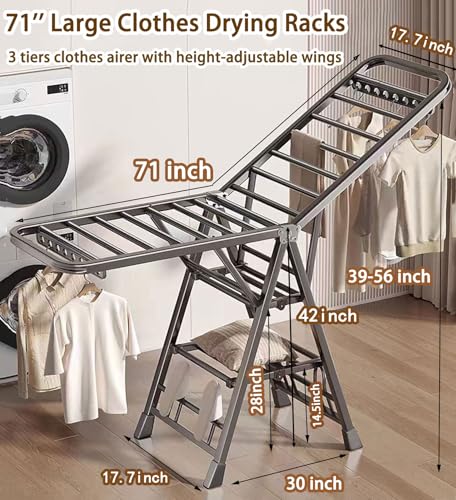 Large Clothes Drying Rack Foldable, 3-Level Metal Laundry Dryer Stand | Lightweight,Easy to Use&Fold,Sturdy, Height-Adjustable, Movable, Complete with Heavy Items,Space Saving Clothes Dryer