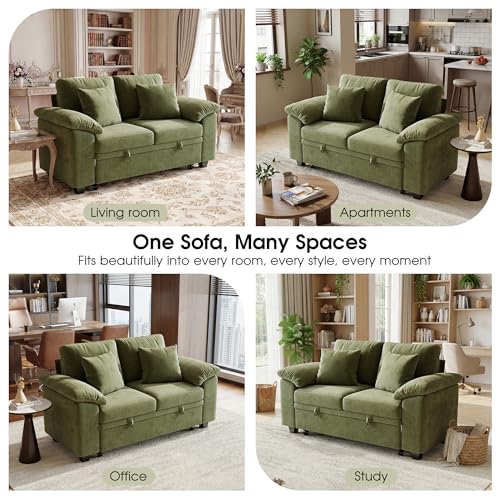 61” Pull Out Couch, 2 in 1 Sleeper Sofa Bed with Throw Pillow, Convertible Small Loveseat Sleeper Couch for Living Room, Bedroom, Apartment (Green) - color: Green, size: 2 Seat Sleeper