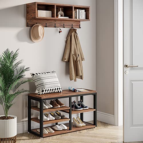 LITTLE TREE Coat Shoe Rack, Hall Tree Entryway Bench Set for Hallway, Living Room, Bedroom, Brown - color: Brown