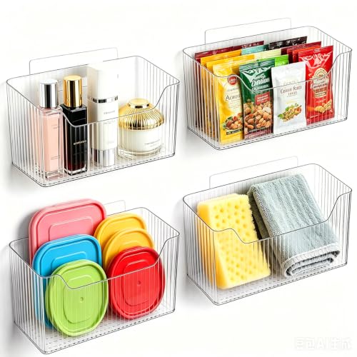 4 Pack Cabinet Door Organizer, Adhesive Wall Mounted Stackable Clear Storage Basket for Kitchen, Bathroom, Pantry, Under Sink, Office, Tabletop, and Cabinet Door Organization
