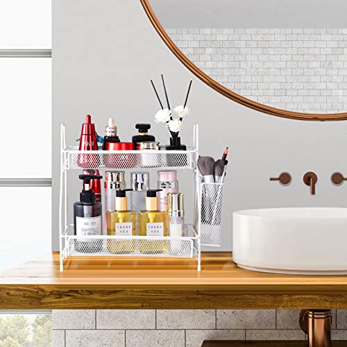 Countertop organizer for bathroom counter, bathroom organizers and storage, spice rack organizer for kitchen counter shelf with small basket(White) - color: White (Size: 7" x 12" x 13")