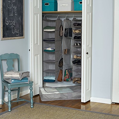 Household Essentials 10-Shelf Wide Hanging Shoe Organizer, Soft and Durable Polyester, Versatile, Breathable, Stylish, Compact, Sturdy Hooks for Rod or Wire Closets, Gray - color: Grey