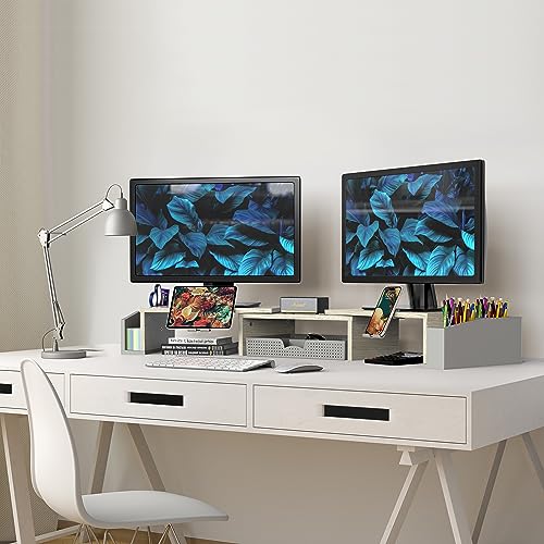Simple Houseware Desk Dual Monitor Stand Riser with Drawer, Maple | Customizable Organizer Tray, Built-In Phone & Tablet Slot and Side Storage - color: Maple