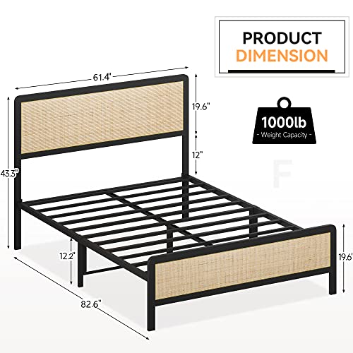 IDEALHOUSE Rattan Queen Size Bed Frame with Natural Rattan Headboard, Cane Boho Queen Size Platform Bed Frame,Natural Bed Frame No Box Spring Needed, Noise-Free, Easy Assembly(Black)