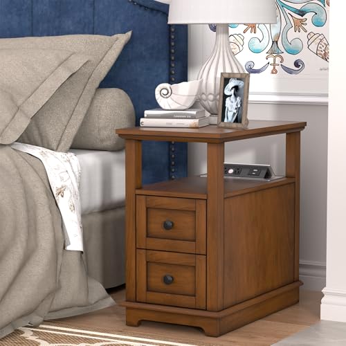HIFYOBRO 2 Drawers End Table with Flip Top Charging Station | Type-C & USB Port & Power outlets, Wooden Nightstand, Side Table with Storage for Living Room and Bedroom - color: Glossy Brown, size: 1 Piece