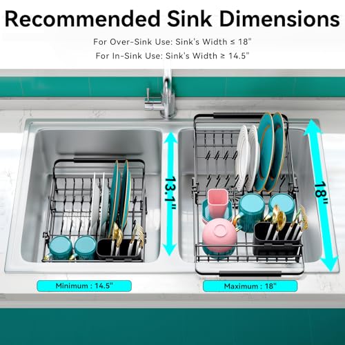 Urackify Expandable Stainless Steel in Sink Dish Drying Rack | Expandable design fits 13"-18" sinks. Rustproof stainless steel construction. In-sink rack with utensil holder. - color: Black