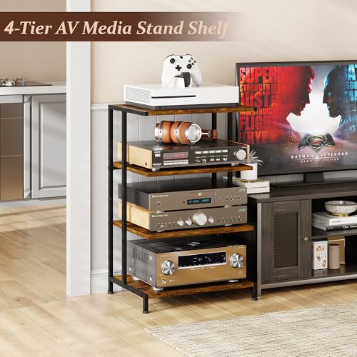 X-cosrack AV Media Stand with Power Strips,4-Tier Stereo Cabinet Audio Rack,Game Console Shelf with Adjustable Shelves,Small Entertainment Center with Larger Tabletop for PS5 Xbox TV Box DVD Players - style: Large and Outlet