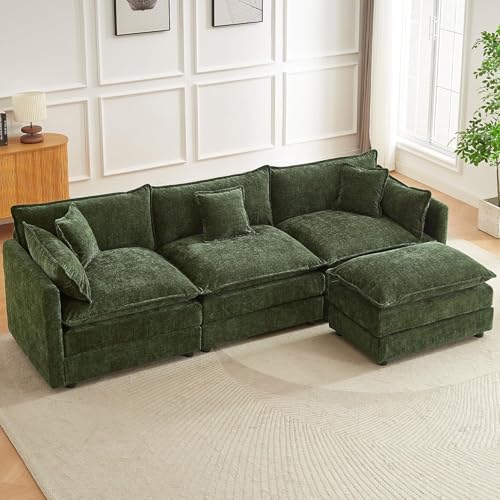 Modular Sectional Sofa, 112.2 Inch L Shaped Couch Set with Armrests, 3-Seater Comfy Cloud Couches with Movable Ottoman for Living Room Apartment, Green Sofa - color: Green, size: 112'' - L Shape