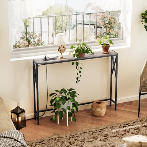 MAHANCRIS 5.9" Narrow Sofa Table with Charging Station, 39.4 Behind Couch Table with Outlet, Slim Entryway Console Table, Small Space, for Hallway, Living Room, Foyer, Greige CTHG151E01 - color: Greige, Black