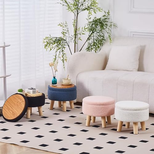 Wimarsbon Storage Ottoman, Modern Round Footrest with Soft Padded Seat, Teddy Velvet Footstool with Wood Legs, Accent Small Table or Plant Stand for Hallway, Living Room (Pink) - color: Pink