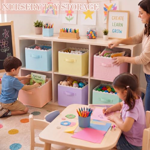 Yalikop 6 Pcs Pastel Scalloped Cube Storage Bins 11 Inch Fabric Storage Basket with Handle Collapsible Clothes Closet Organizer Bin for Classroom Books Toy Box Nursery School Organizing - color: Pastel