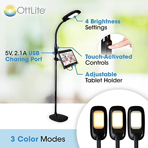 OttLite LED Floor Lamp with Tablet Stand and USB Port, Black | ClearSun LEDs Reduce Eyestrain | 4 Brightness Settings | 3 Color Temperature Modes | Adjustable Height 47.5"-64" - color: Black