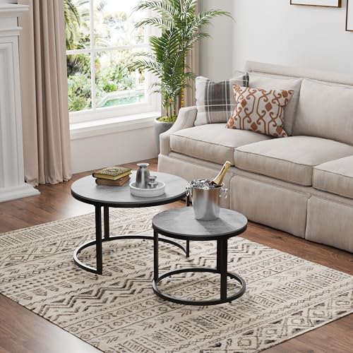 Nesting Coffee Table Set of 2, Round Stacking Coffee Tables with Nesting Coffee Table Set of 2, Round Stacking Coffee Tables with Resin Top & Metal Frame - color: Media Size + Black Frame