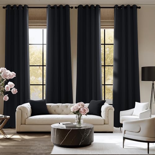 NICETOWN 95 Inch Blackout Curtains, Grommet 2 Panels Thermal Insulated Black Room Darkening Drapes, Extra Long Window Curtains for Bedroom Living Room - color: Black, size: 52"W x 95"L (Pack of 2)