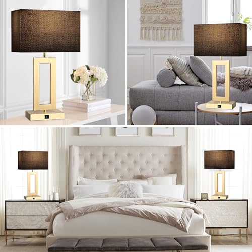 gernehop Black Table Lamps Set of 2 with Dual USB Ports,3-Way Dimmable Touch Control Bedside Lamps,22inch Tall Modern Bedroom Table Lamp for Living Room,Nightstand LED Bulbs Included - color: 22Inch Black&Gold