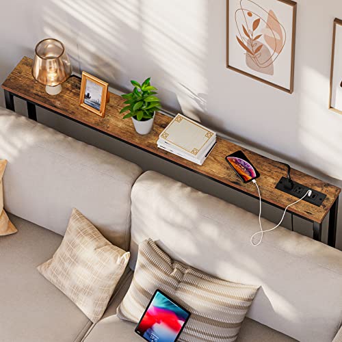 HOOBRO 47.2" Narrow Console Table with Power Outlet, 5.9" Behind Couch Table with Charging Station, Long Sofa Side Table, Skinny Entryway Table for Living Room, Hallway, Foyer, Rustic Brown BF15XG01G1 - color: Rustic Brown + Black, size: 47.2"L x 5.9"W x
