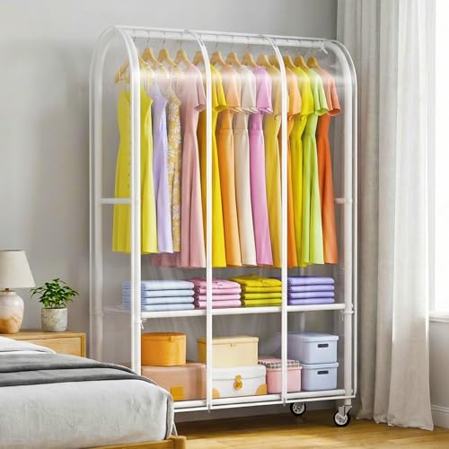 Univivi Rolling Clothes Rack with Clear Dust Cover and Bottom Storage Shelf | Heavy-Duty Metal Frame Clothing Rack, Clear Dustproof Cover, 360° Rotation Wheels, Portable Closet for Bedroom, Laundry Room - color: White Rack with Clear Cover