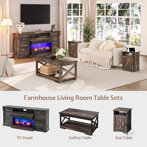 3 Piece Living Room Table Set with Barn Door, Black Oak | Includes Coffee Table and 2 End Tables, Charging Station &USB Ports, Rustic Farmhouse Style, Living Room Furniture Set - color: Black Oak