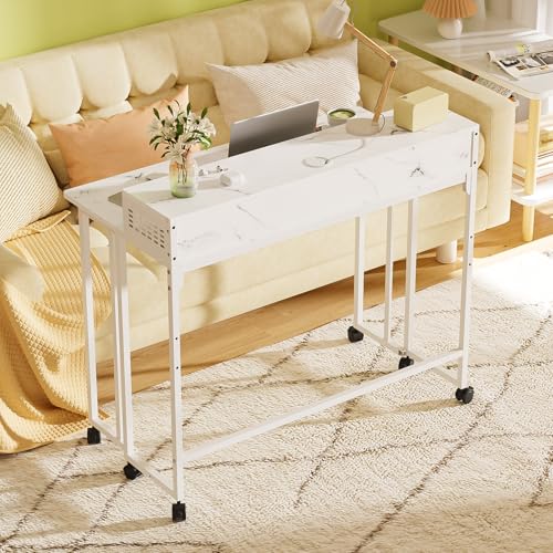 31.5" Folding Desk with Storage Shelf, Small Rolling Desk, White Marble | Mobile Sofa Side Table for Home Office Small Space, with Lockable Wheels, Double Cable Management Hole, Portable - color: White Marble, size: 31 inches