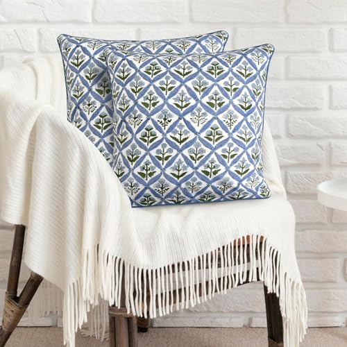 Block Print Light Steel Blue Pillow Cover 16" x 16" (Pack of 2) Decorative Couch Pillows for Living Room, Chic Boho Cute Outdoor Pillows Covers Gifts for Spring, Easter and Valentine - color: Light Steel Blue, size: 16" x 16" (Pack of 2)