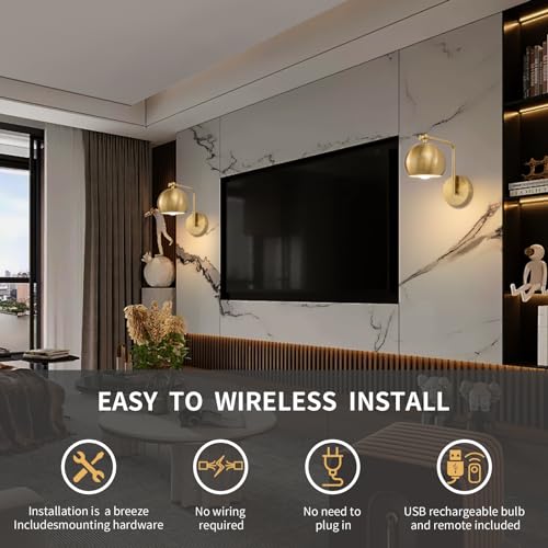 Powfloven Gold Battery Operated Wall Sconces Set of 2, Rechargeable Cordless Wall Light Fixture with Remote, Dimmable Wireless Battery Powered Wall Decor Lighting Lamp for Bedroom Living Room