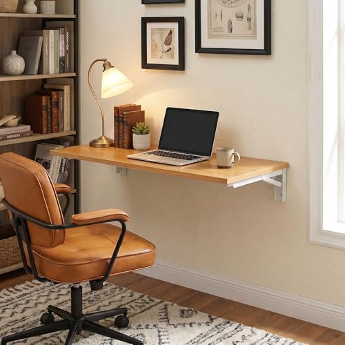 Need 36x20IN Wall Mounted Folding Table for Office Laundry Teak | White Frame Fold Down Wall Mount Desk Folding Wall Table for Small Apartment, Garage&Ironing Station - color: Teak Color Desktop & Warm White Folding Brackets, size: L36" * W20"