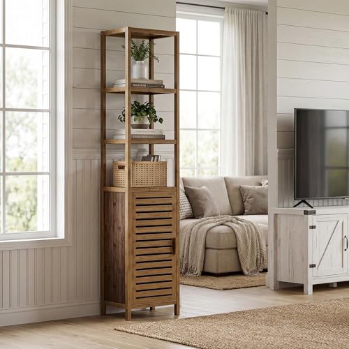 HITNET Bathroom Cabinet, Bamboo Floor Cabinet Freestanding Narrow Storage Unit with Removable Shelves, 6 Tier Tall Cabinet, Walnut - color: Walnut
