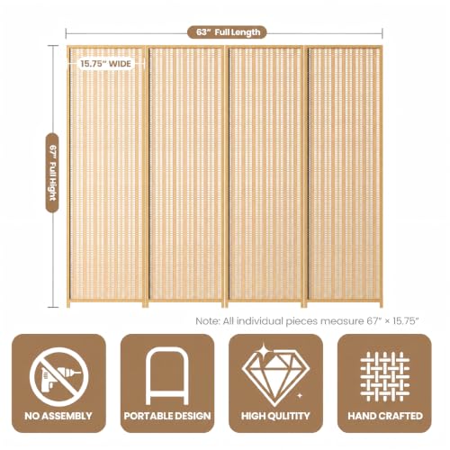 4 Panel Bamboo Room Divider, Folding Privacy Screen, Natural | Pine wood frame, dual-action stainless steel hinges, 5.6FT tall, extends to 63 inches wide, no assembly - color: Natural, size: 4 Panel